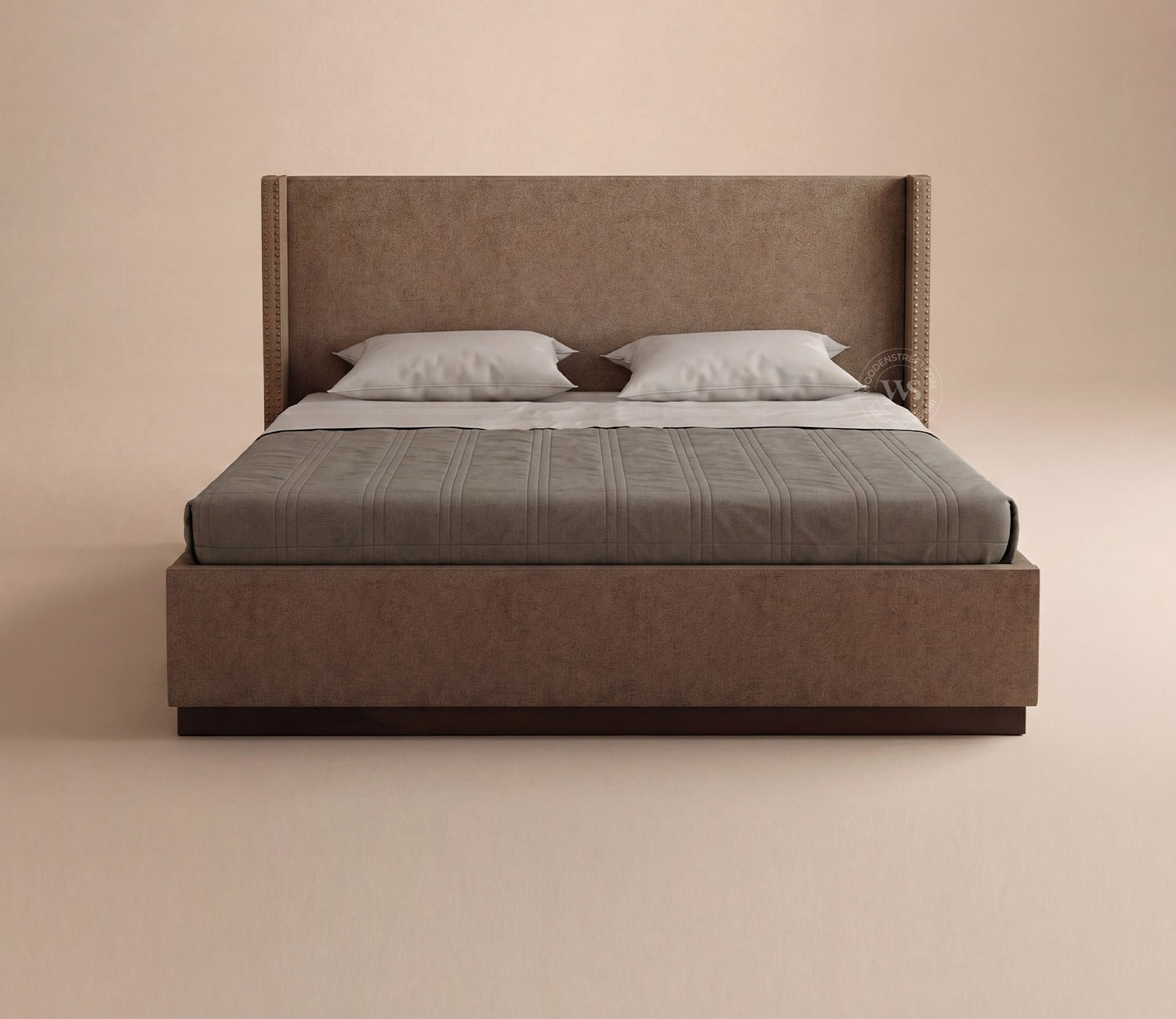 Kesarth Luxe Upholstered Hydraulic Storage Bed with High-Rise Headboard (King Size, Sand Brown)