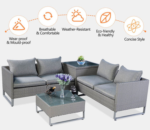 Grey Color Rattan And Wicker 4 Seater Patio Set With table And Grey Cushions
