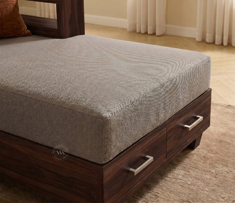 Solace L-Shape Right Aligned 4 Seater Sheesham Wood Sofa (Walnut Finish, Warm Grey)