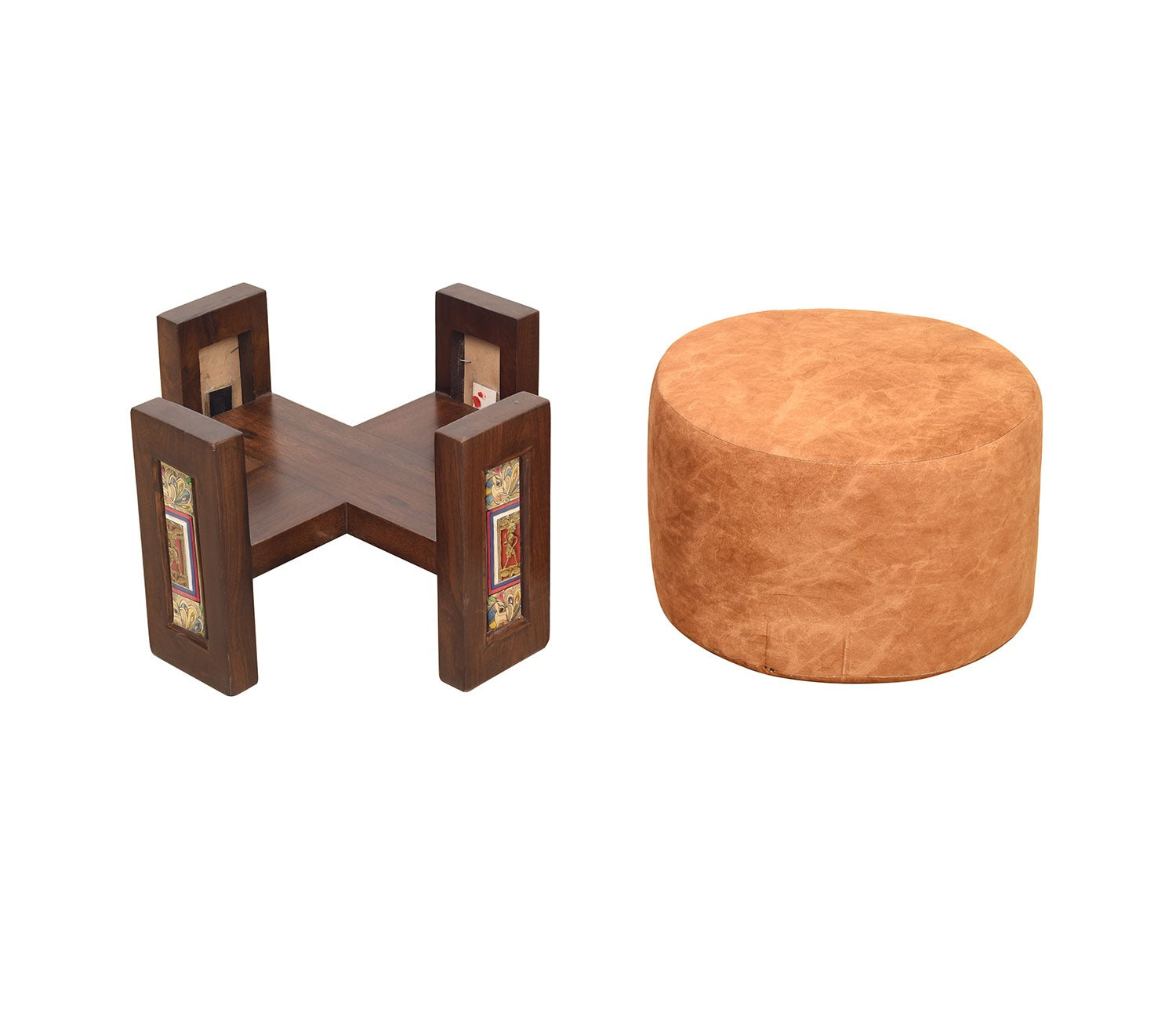Pouffe Teak Handcrafted Dhokra Mdhbni Orange