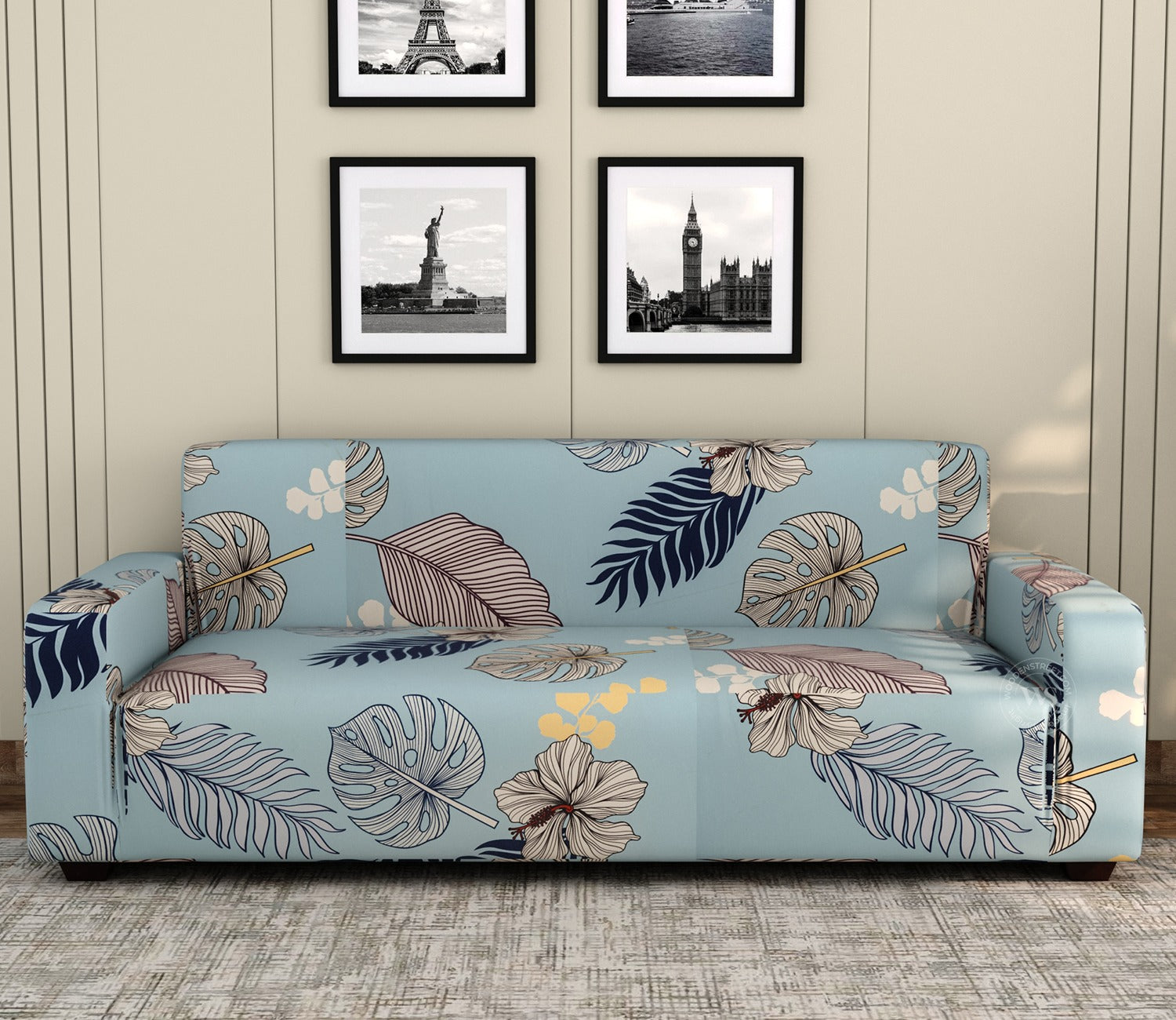 Bloomic Printed Polyester Spandex 3 Seater Sofa Cover (Light Blue)