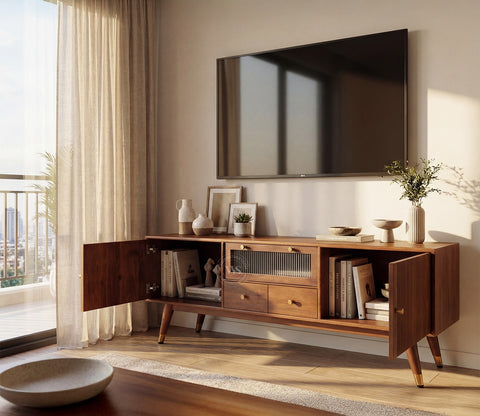 Hamona Premium Mango Wood TV Unit with Drawers And Cabinets (Teak Finish)
