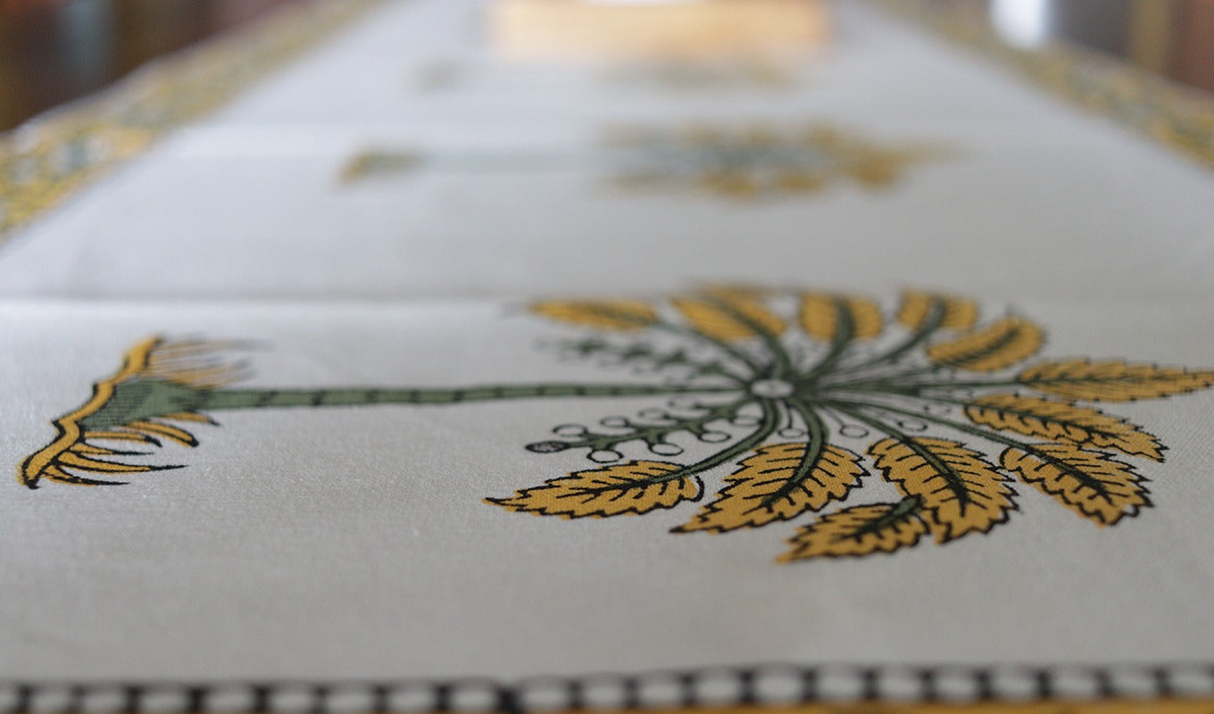 Vivid Garden Yellow and White Hand Block Print Table Runner - 16 x 50