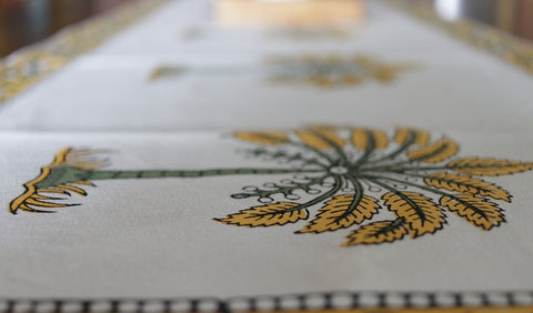 Vivid Garden Yellow and White Hand Block Print Table Runner - 16 x 50