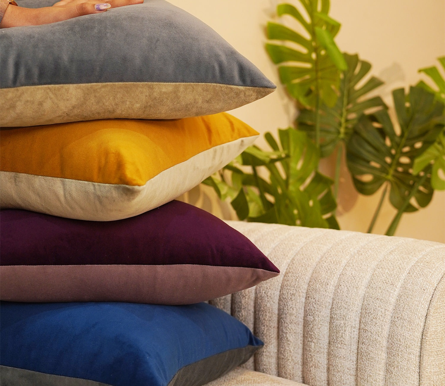 Duet Two Color Velvet Cushion Covers - Pack of 5 (16 x 16 Inch, Multi Color)