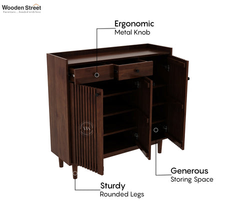 Gaitor Soild Wood Shoe Cabinet with Drawers & Slatted Doors (Mango Wood, Teak Finish)