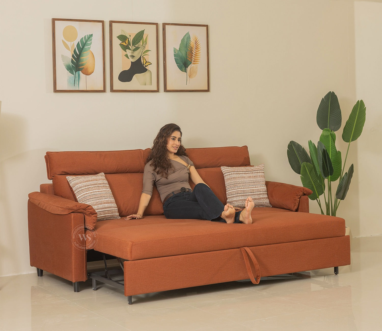Bruna 3-Seater Convertible Sofa Cum Bed | Pull-Out Mechanism | Adjustable Backrest | Premium Fabric Upholstery | Space-Saving Design (Orange)