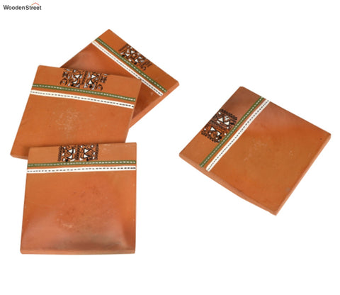 Brown Handcrafted Warli Art Earthen Coasters - Set of 4