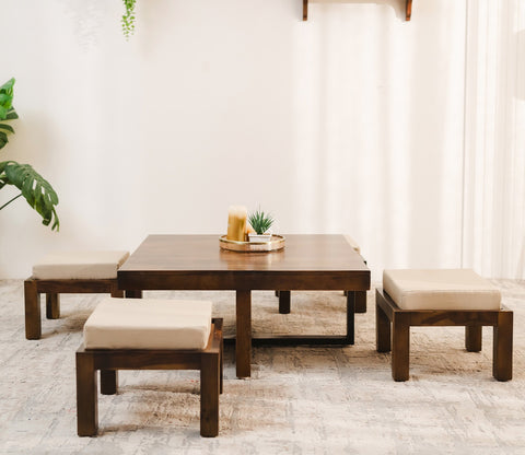 Reid Sheesham Wood Coffee Table with Four Cushioned Stools (Walnut Finish)