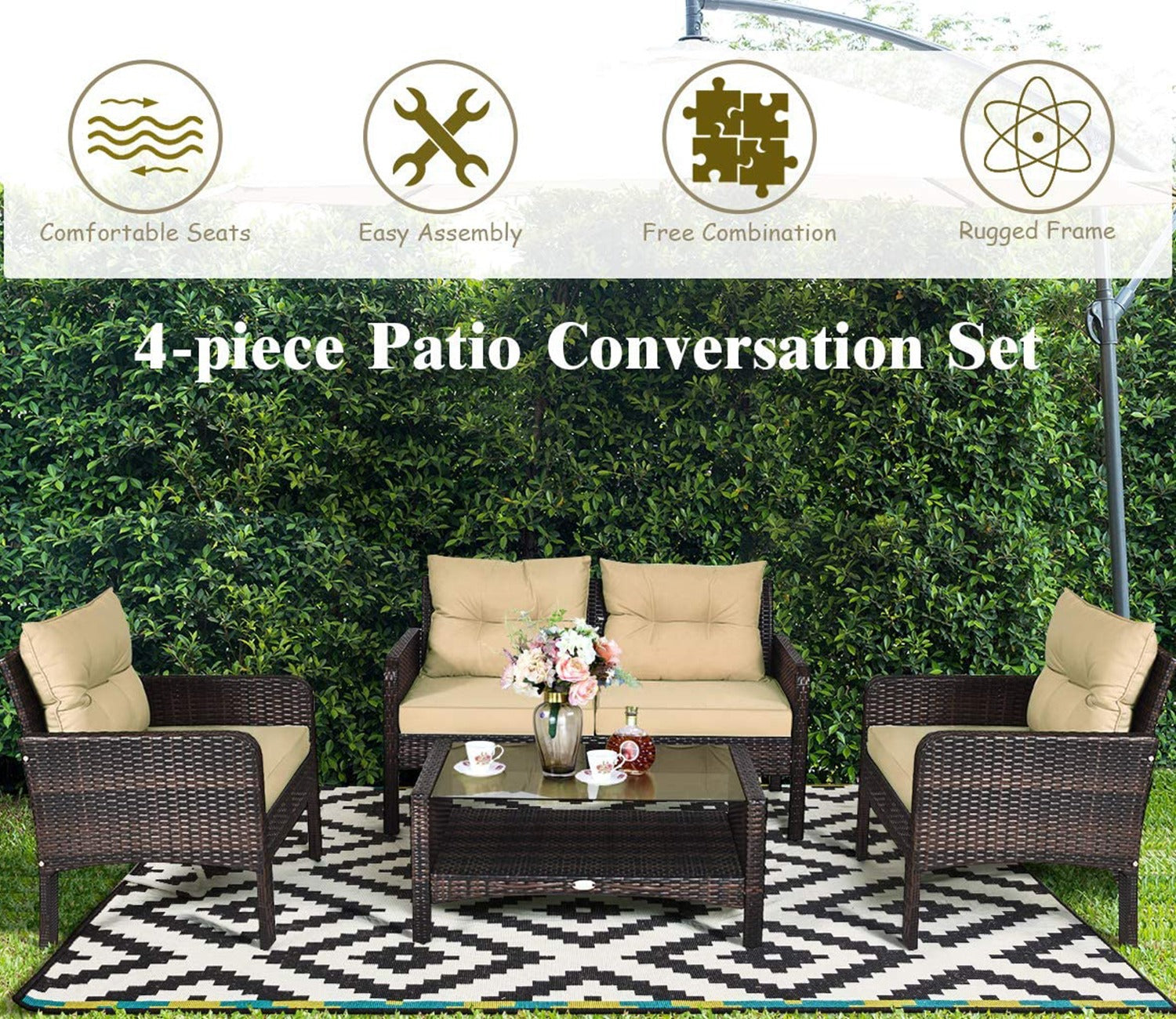 Dark Brown Rattan And Wicker Sofa Patio Set With Cream Cushions And Table