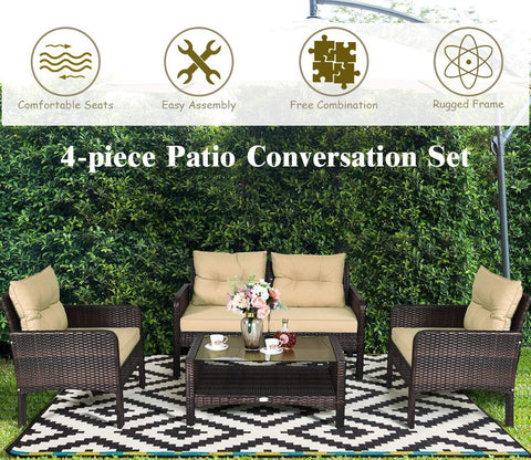 Dark Brown Rattan And Wicker Sofa Patio Set With Cream Cushions And Table