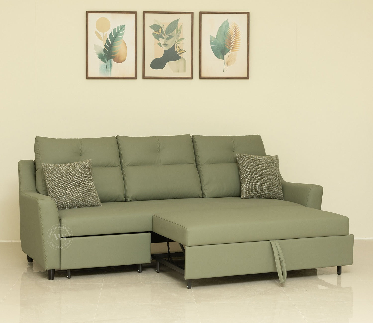 Elano 3-Seater Sofa Cum Bed | Pull-Out Mechanism (Green)