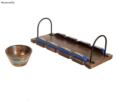 Brown And Blue Handcrafted Wooden Tray With Wooden Bowls