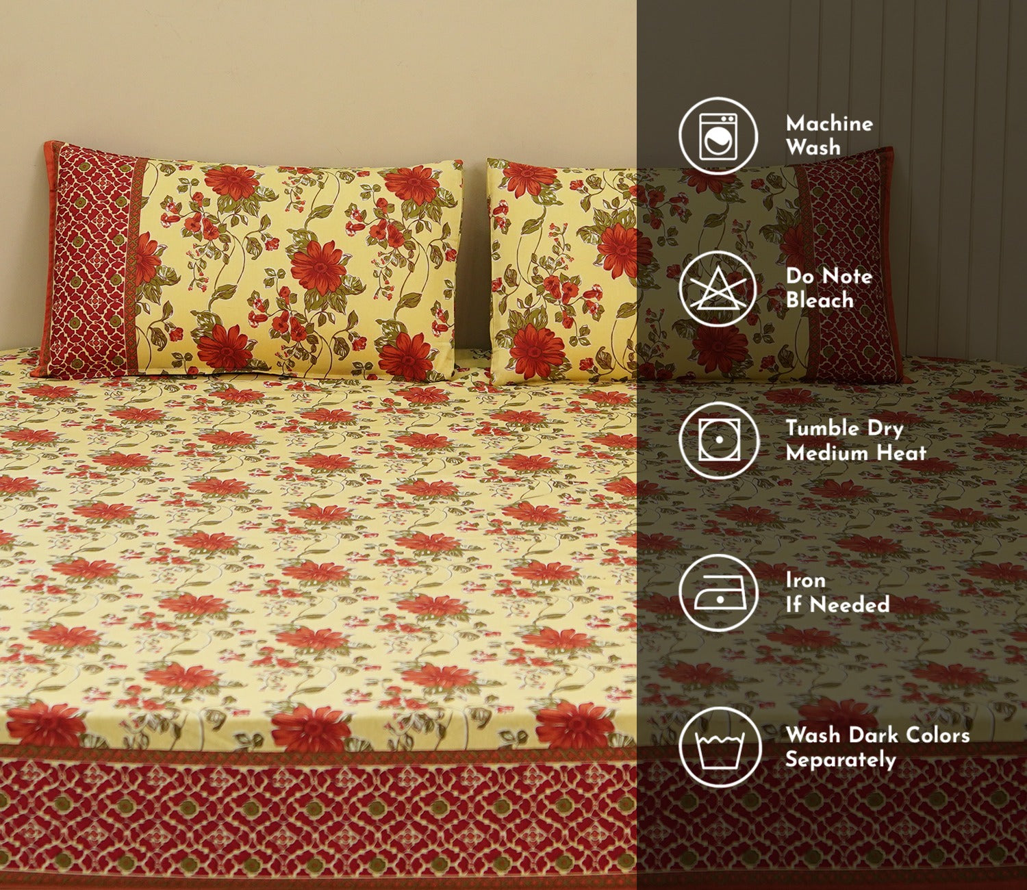 120 TC Floral Jaipuri Printed Cotton Double Bedsheet With 2 Pillow Cover