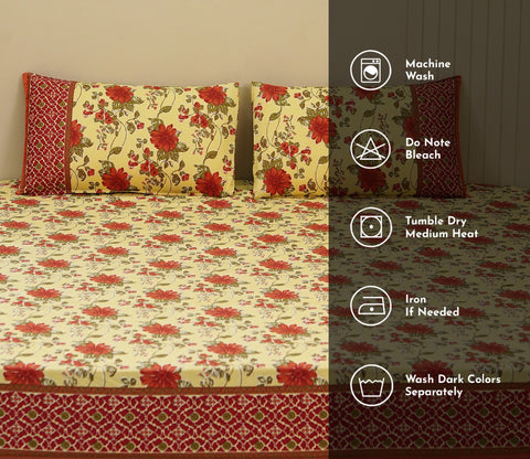 120 TC Floral Jaipuri Printed Cotton Double Bedsheet With 2 Pillow Cover