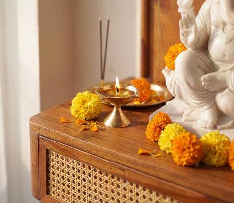 Shoonya Sheesham Wood Home Temple with Brass Detailing and Cane Accents (Teak Finish)