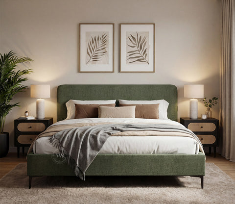Andreas Premium Fabric Bed with Curved Headboard & Without Storage (King Size, Sage Green)