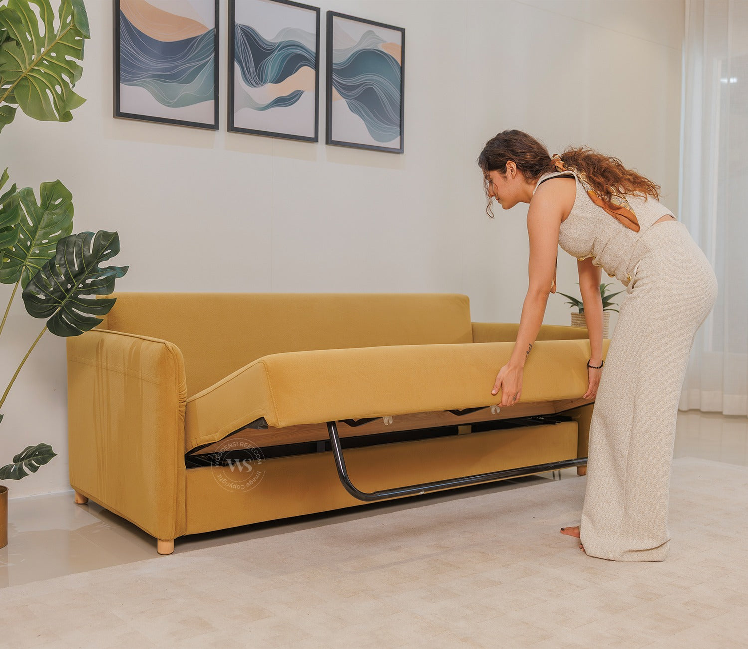 Saffra 3-Seater Sofa Cum Bed | Fold-Out Mechanism | Under-Seat Storage | Fabric Upholstery (Mustard)