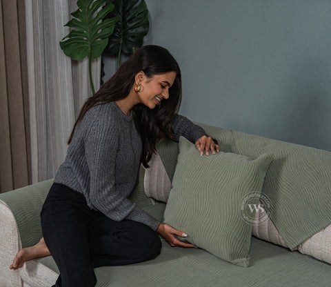 Thread Twist Green Lining Pattern 3 Seater Sofa Cover - Set of 8
