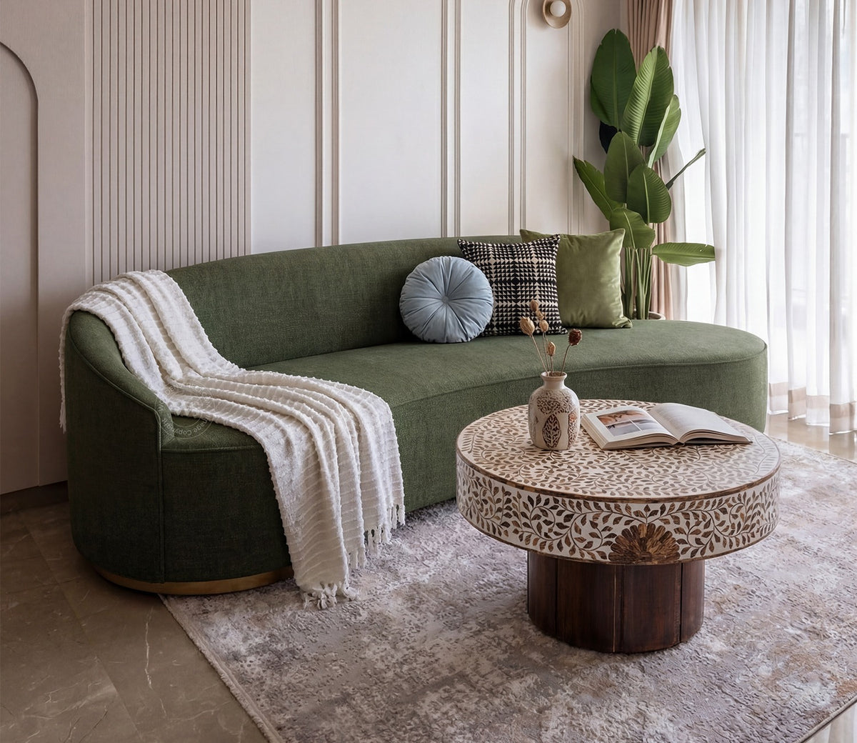 Osbert 3 Seater Curved Sofa (Cotton, Sage Green)