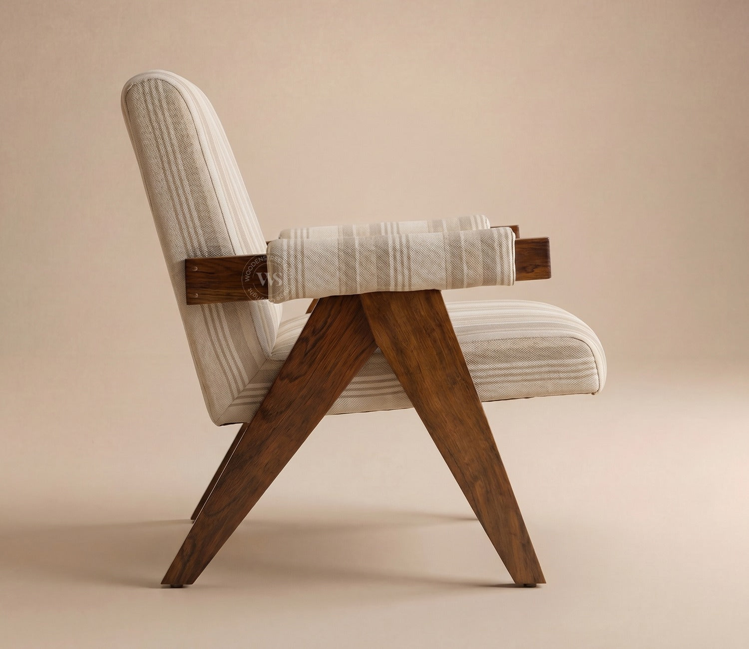 Troupe Sheesham Wood Chandigarh Chair with Premium Upholstery (Cream Stripes, Teak Finish)