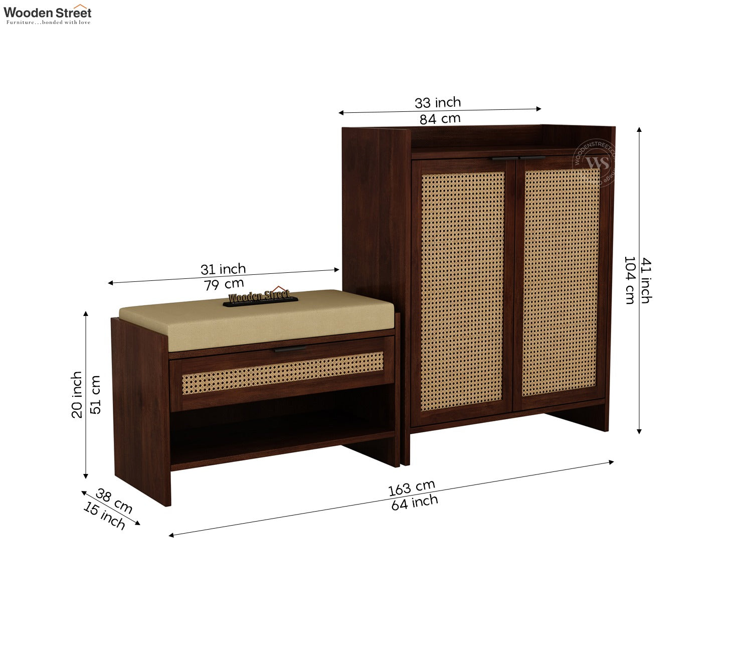 Stridon Solid Wood Shoe Rack & Bench Set with Cane Detailing (Mango Wood, Teak Finish)