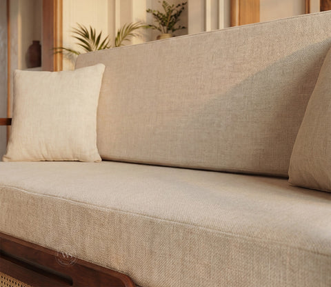 Ayaana Sheesham Wood 3 Seater Sofa Cum Bed with Cane Weaving | Opens to Double Bed (78x62) | Premium Upholstery | Sleeps 2 Adults (Teak Finish, Jade Ivory)