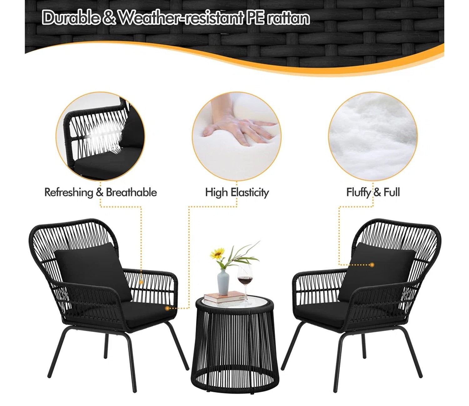 Black Rope 2 Seater Chair With Table And Black Cushions Patio Set