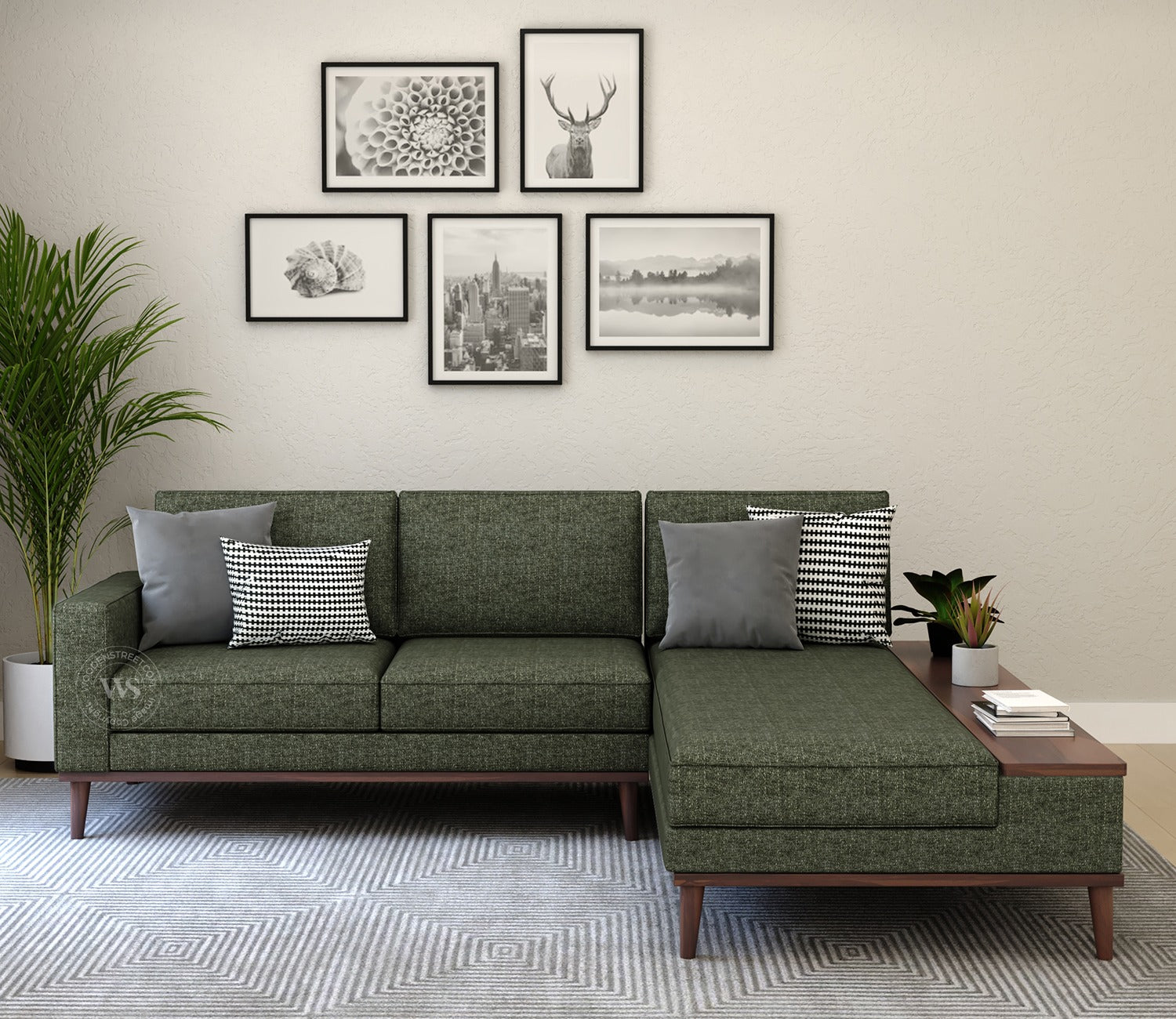 Ashion Premium Right Aligned L Shape Sofa with Built-in Side Wooden Deck (Sage Green)