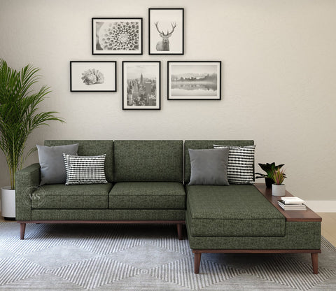 Ashion Premium Right Aligned L Shape Sofa with Built-in Side Wooden Deck (Sage Green)