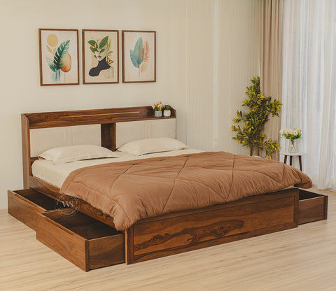 Wildon Premium Sheesham Wood Bed with Cushioned Headboard and Drawer Storage (King Size, Teak Finish)