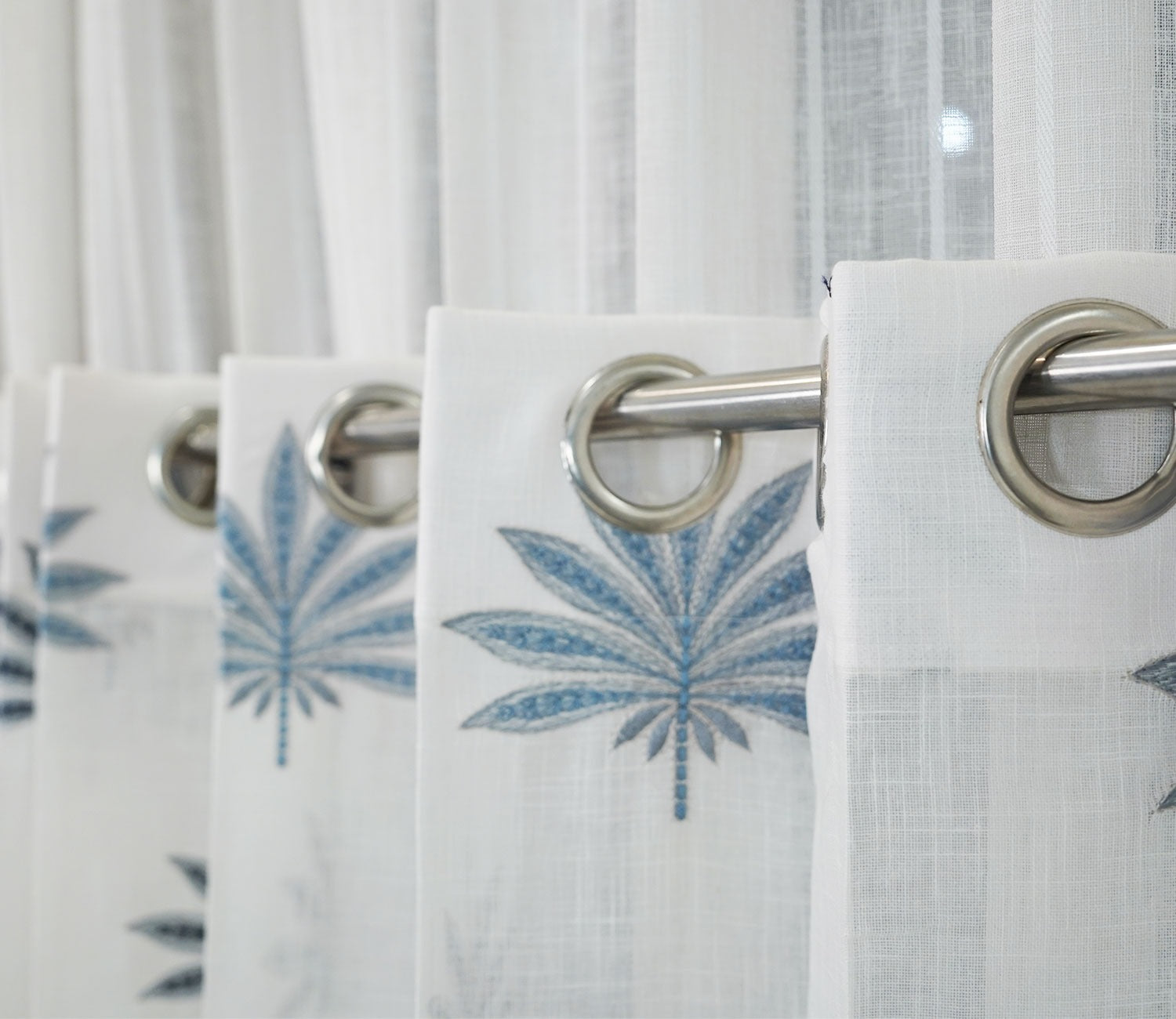 Crown Leaf Sheer Door Curtains Set of 2 (Blue, 7 Feet)