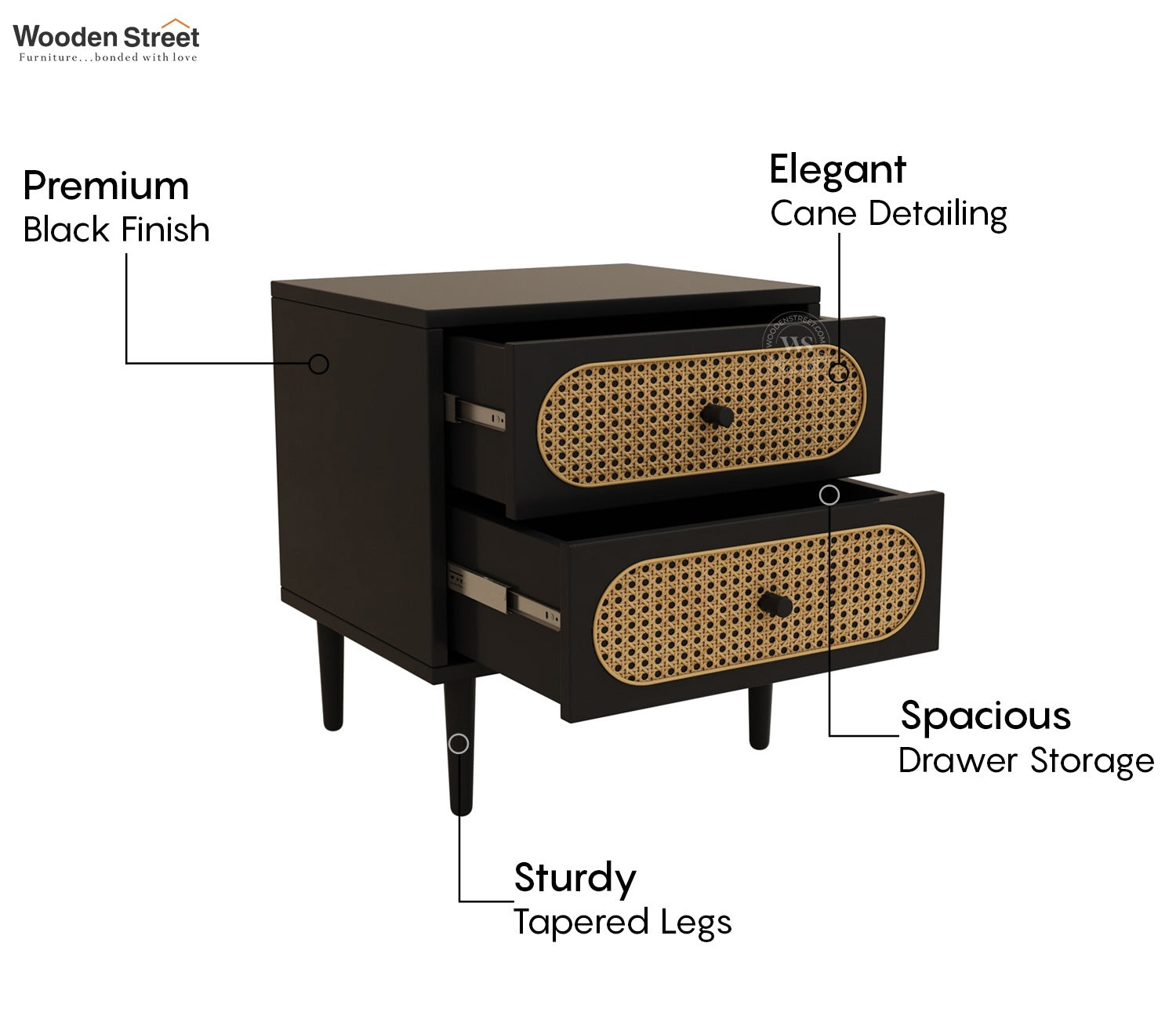 Andreas Premium Mango Wood Bedside Table with Cane Drawers (Black Finish)