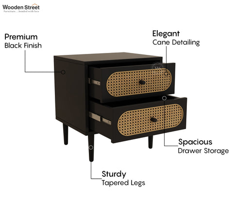 Andreas Premium Mango Wood Bedside Table with Cane Drawers (Black Finish)