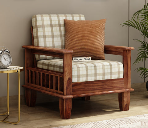 Quartz Printed Fabric Wooden Sofa Chair (Honey Cream Checkered)