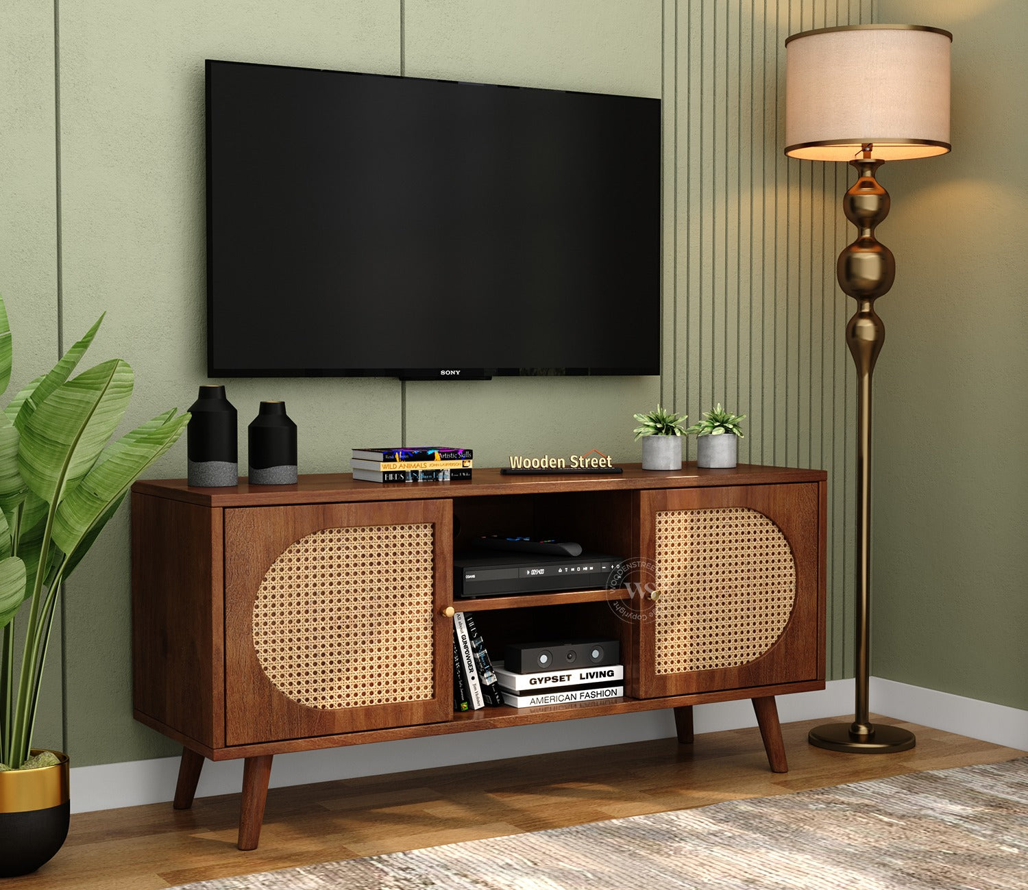 Astorio Premium Solid Wood TV Unit With Cane Door Cabinets & Open Shelves (Mango Wood, Honey Finish)