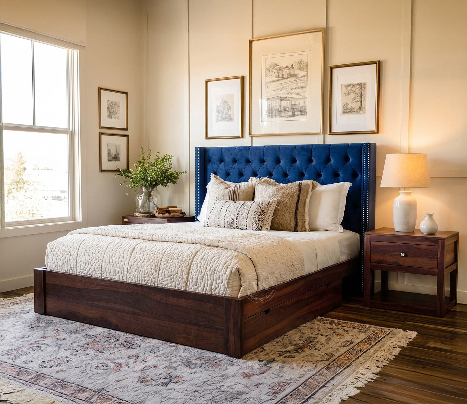 Drewno Sheesham Wood Upholstered Bed With Storage (King Size, Indigo Blue)