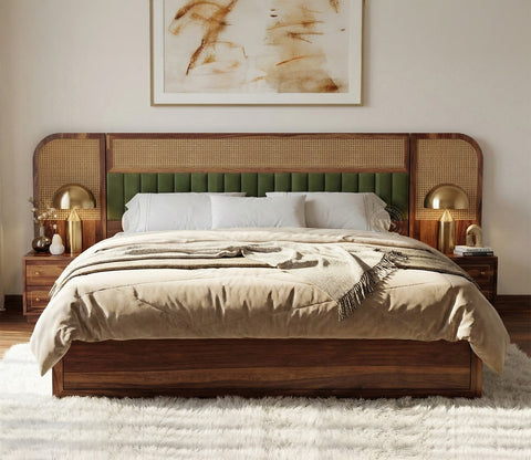 Serah Premium Sheesham Wood Bed with Cane & Velvet Headboard, Drawer Storage & 2 Modular Bedside Tables (Queen Size, Teak Finish)