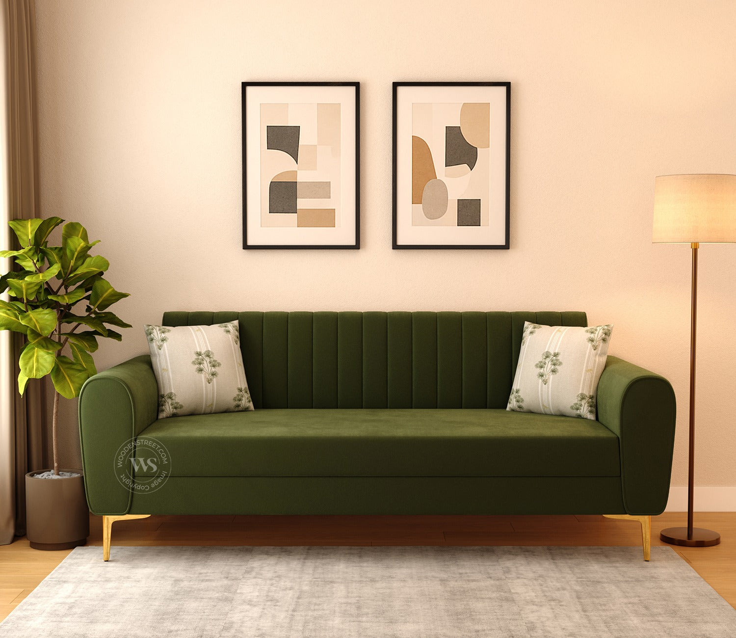 Medusa 3 Seater Fabric Sofa (Velvet, Dark Olive Green)