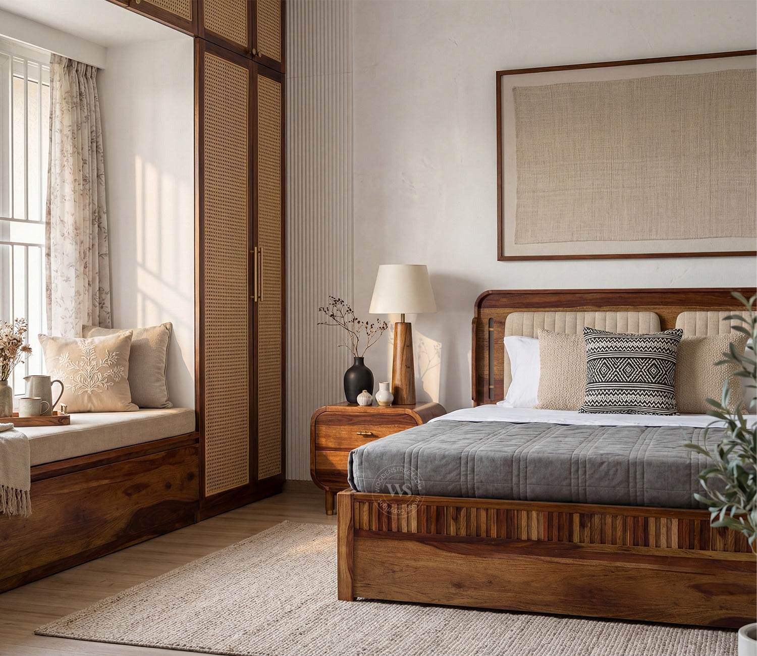 Lotus Premium Sheesham Wood Bed with Drawer Storage (King Size, Teak Finish)