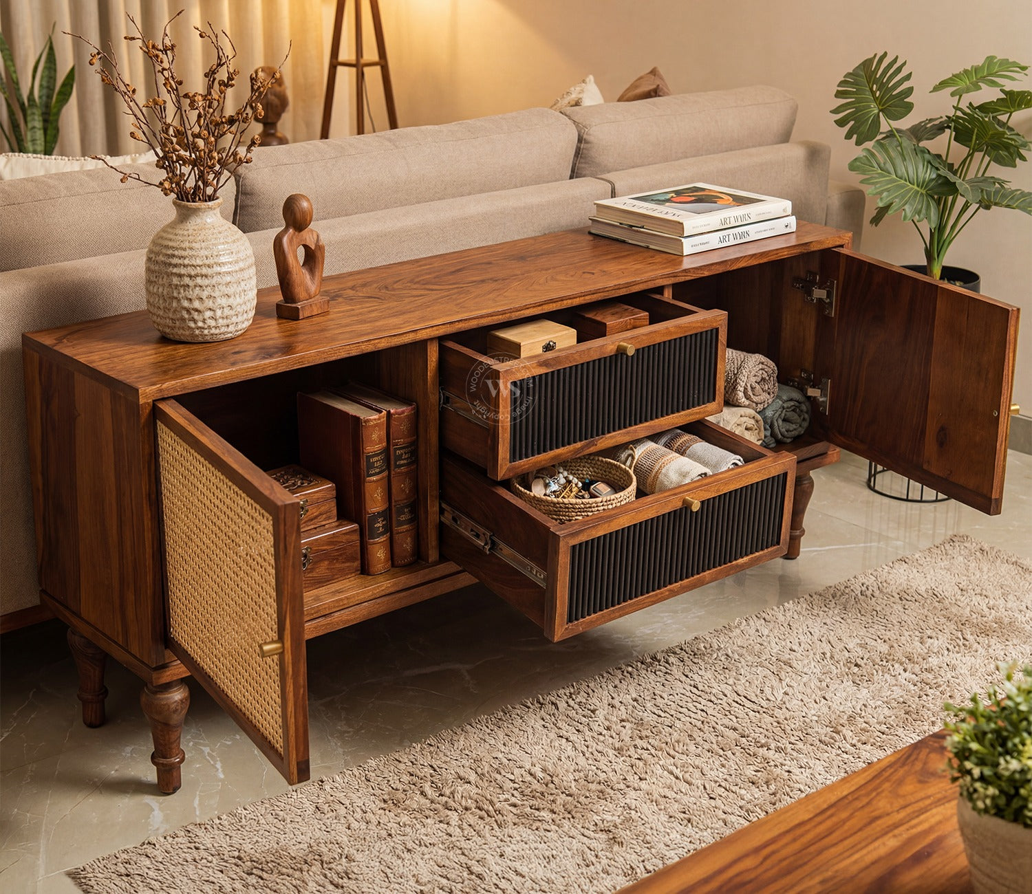 Murphy Premium Solid Wood TV Unit With Drawers, Cane & Brass Accents (Sheesham Wood, Teak Finish)