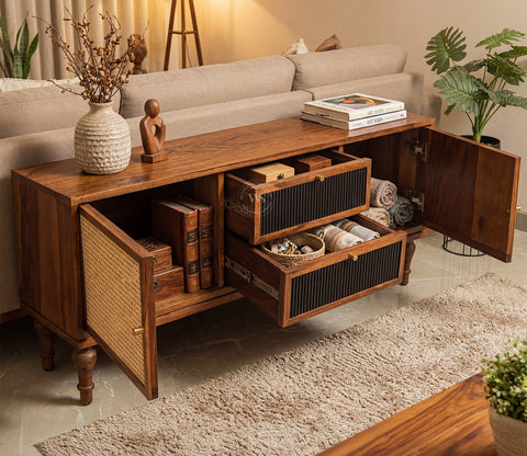 Murphy Premium Solid Wood TV Unit With Drawers, Cane & Brass Accents (Sheesham Wood, Teak Finish)