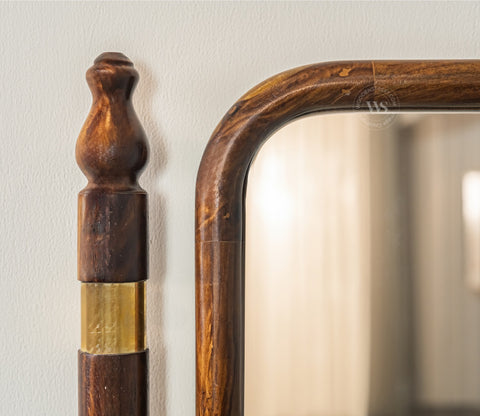 Skyler Antique Sheesham Wood Full Length Mirror With Brass Design (Walnut Finish)