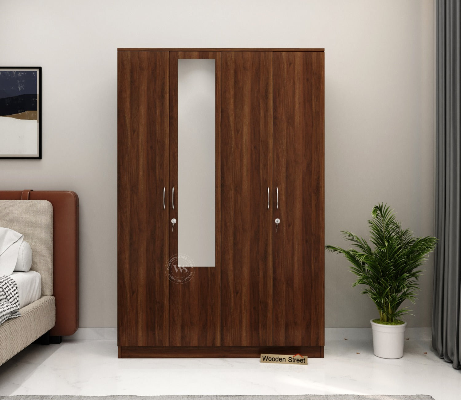 Kayden 4 Door Multi Utility Wardrobe With Mirror (Columbian Walnut Finish)