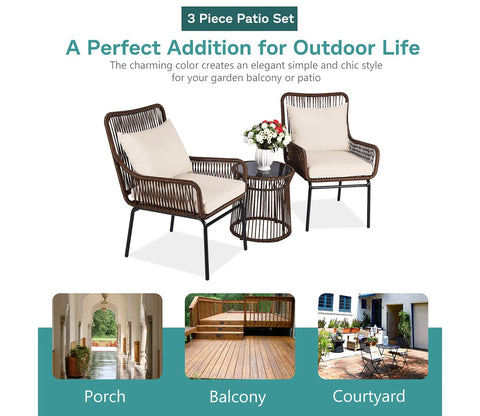 Dark Brown Rattan 2 Seater Chair With Table And Cream Cushions Balcony Set
