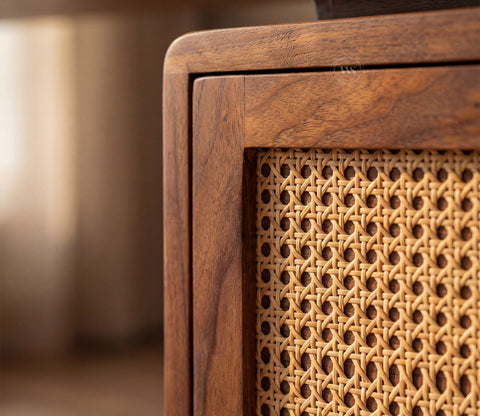 Kalam Modern Designer Sheesham Wood Study Table with Cane Accents & Drawer Storage (Teak Finish)
