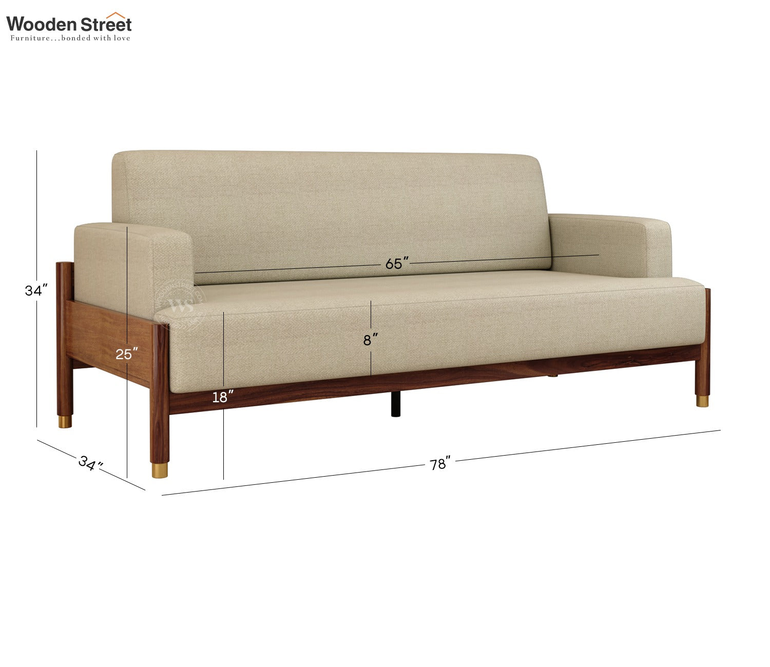 Kairav Modern 3 Seater Wooden Sofa with Premium Upholstery (Cottage Ivory)