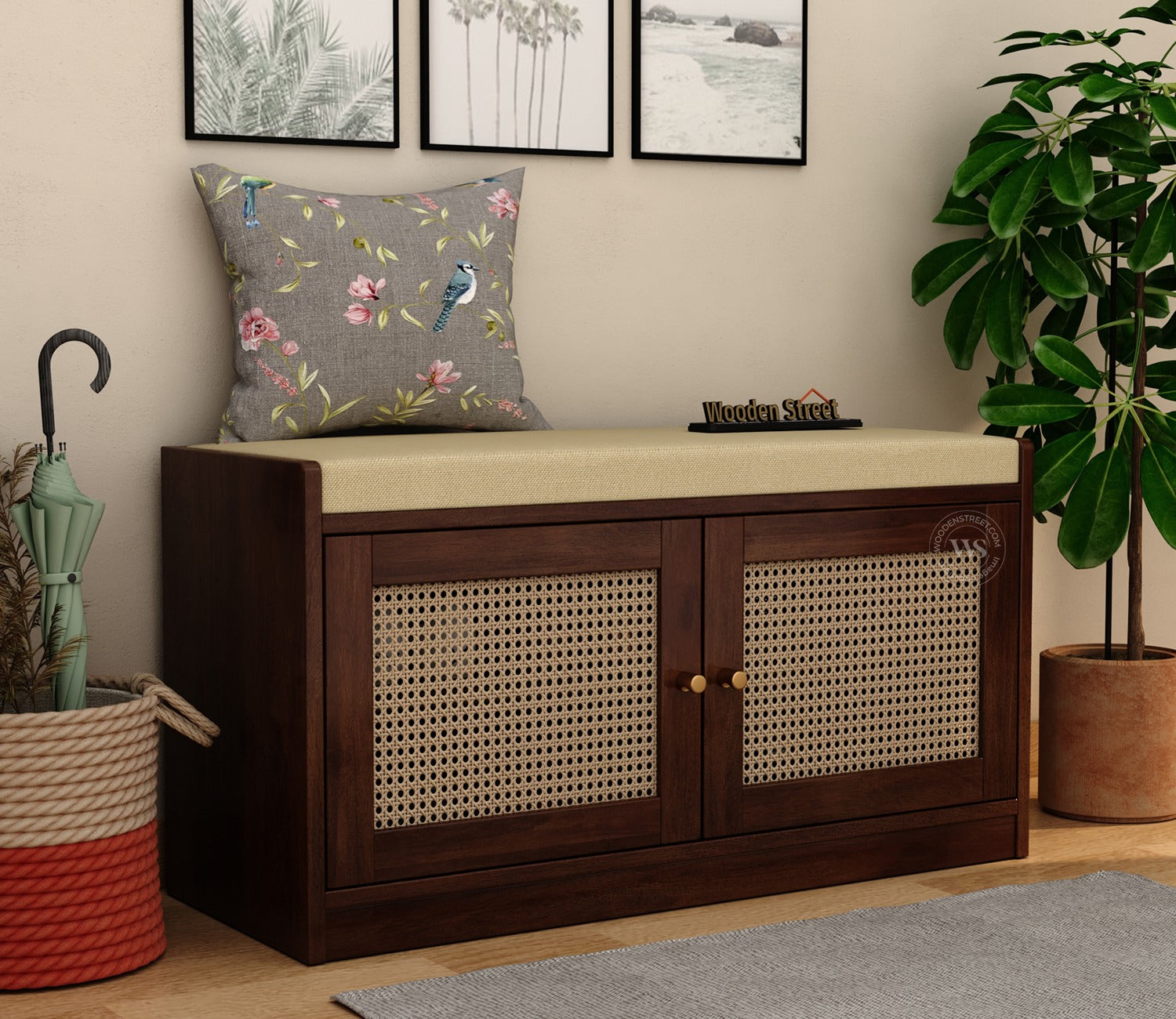 Bockle Premium Solid Wood Shoe Rack With Cane Work & Cushioned Seating (Mango Wood, Teak Finish)