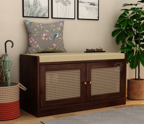 Bockle Premium Solid Wood Shoe Rack With Cane Work & Cushioned Seating (Mango Wood, Teak Finish)
