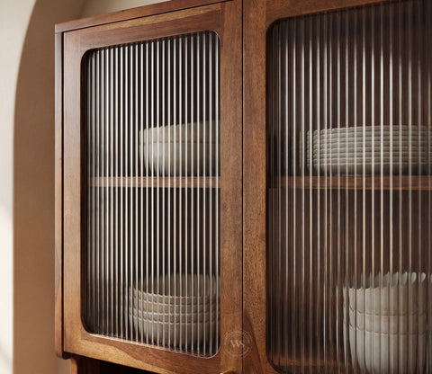 Sanchay Classic Kitchen Cabinet with Fluted Glass, Cane Weave & Brass Knobs (Teak Finish)